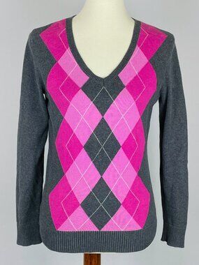 Izod Classic Argyle Sweater Sz S Pink Gray Preppy Academia Old Money Ivy League